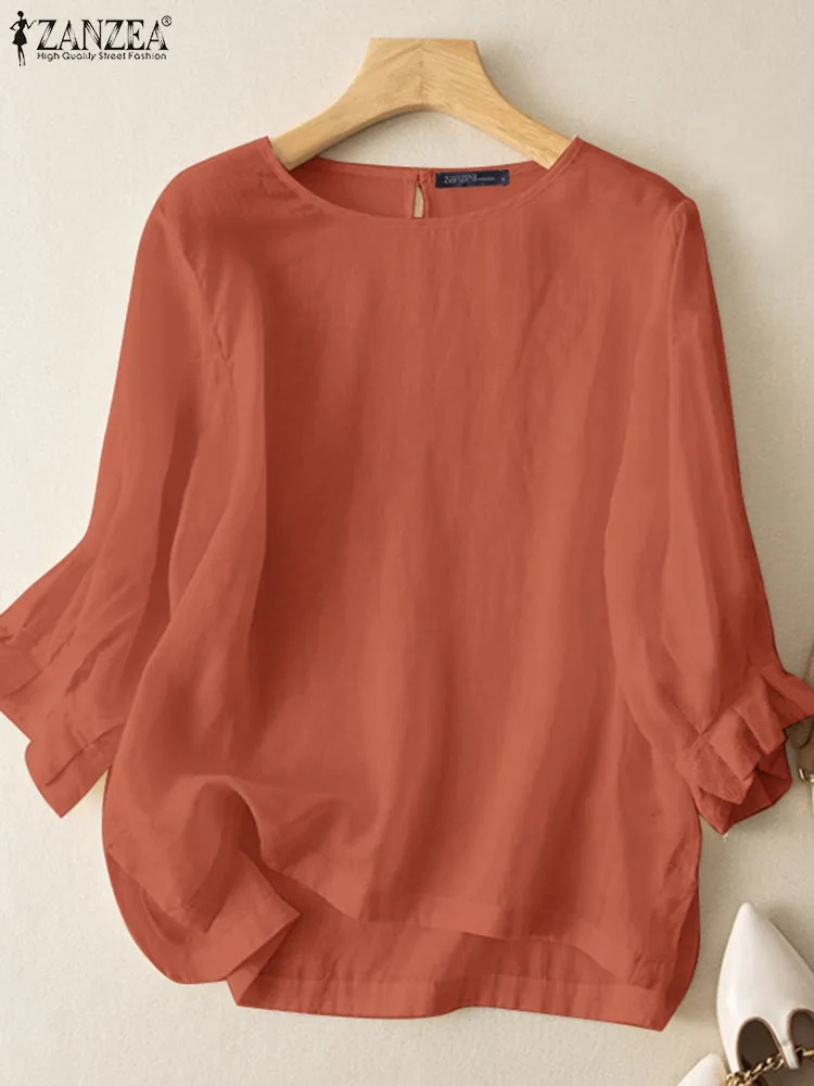 

ZANZEA Vintage Puff Sleeve Blouse Female Fashion Street Shirt O Neck Solid Tunic Tops Woman Casual Ruffles Hem Blusas Mujer 2023