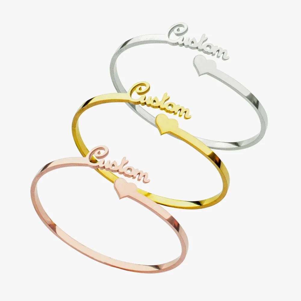

LeeChee Heart Custom Name Bracelet Stainless Steel Cuff Bangle 18K Gold Plated Jewelry Gift