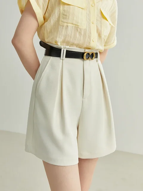 FSLE Minimalism Style Casual White Shorts For Women Summer New Arrival High Waist Shorts Jeans Female With Belt Loose Shorts