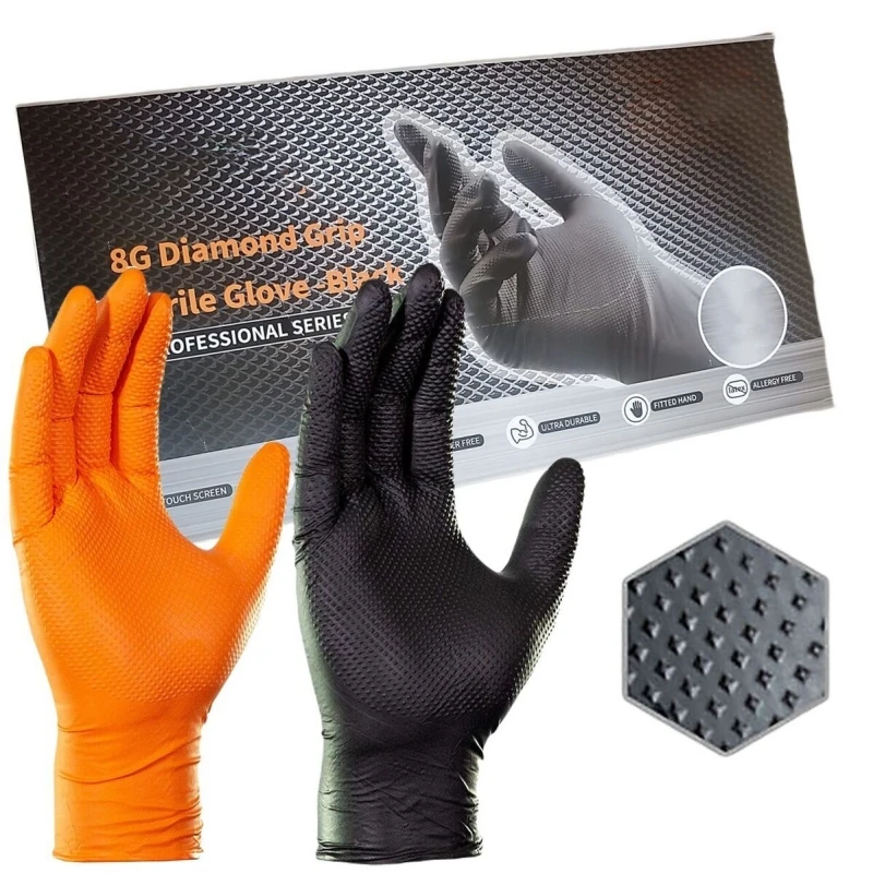 30/50PCS Black Nitrile Gloves Disposable 8Mil Thick Heavy Duty Industrial Safety Gloves Diamond Textured Mechanics Work Gloves