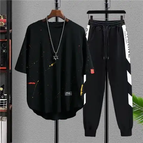 thumbnail image 1 of Camiseta de hombre de alta calidad, conjuntos de pantalones superiores, ropa informal para hombre, oferta básica, venta al por mayor, pantalones gráficos de estilo coreano, 5xl de algodón, 1 of 5