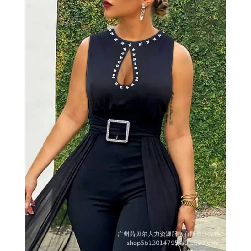 

Sexy Sleeveless Lace High Waist Jumpsuits Y2K Decorative Rivets Jumpsuit Rompers Women Sheer Mesh Overlay Skinny Jumpsuit