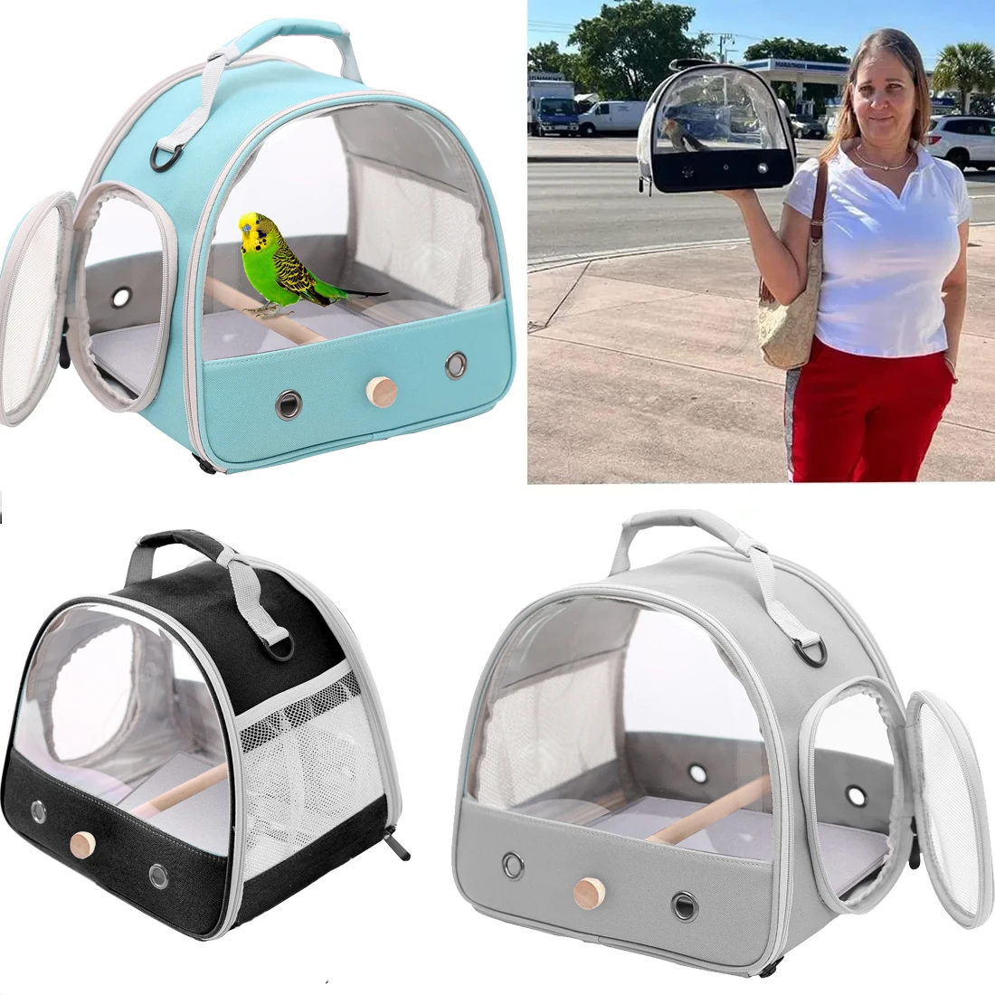 Bird Travel Carrier Portable Small Pet Bird Parrot Parakeet Cage Bag with Standing Perch and Soft Mat Side Mesh Window Pocket 5