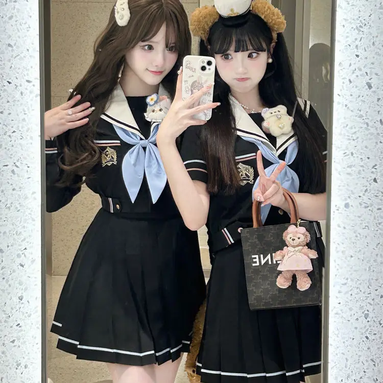 Japan JK College Sailor Suit Navy Collar Top Pleated Skirt Two-Piece Set Women Bow Embroidery Sweet Fashion Color Contrast 2024