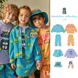 Children's Jacket Pants Suit 2024 Spring New Fashion Girls Jacket Bustle Skirt Suit Cotton Printed Sweatshirt Blue Fisherman Hat
