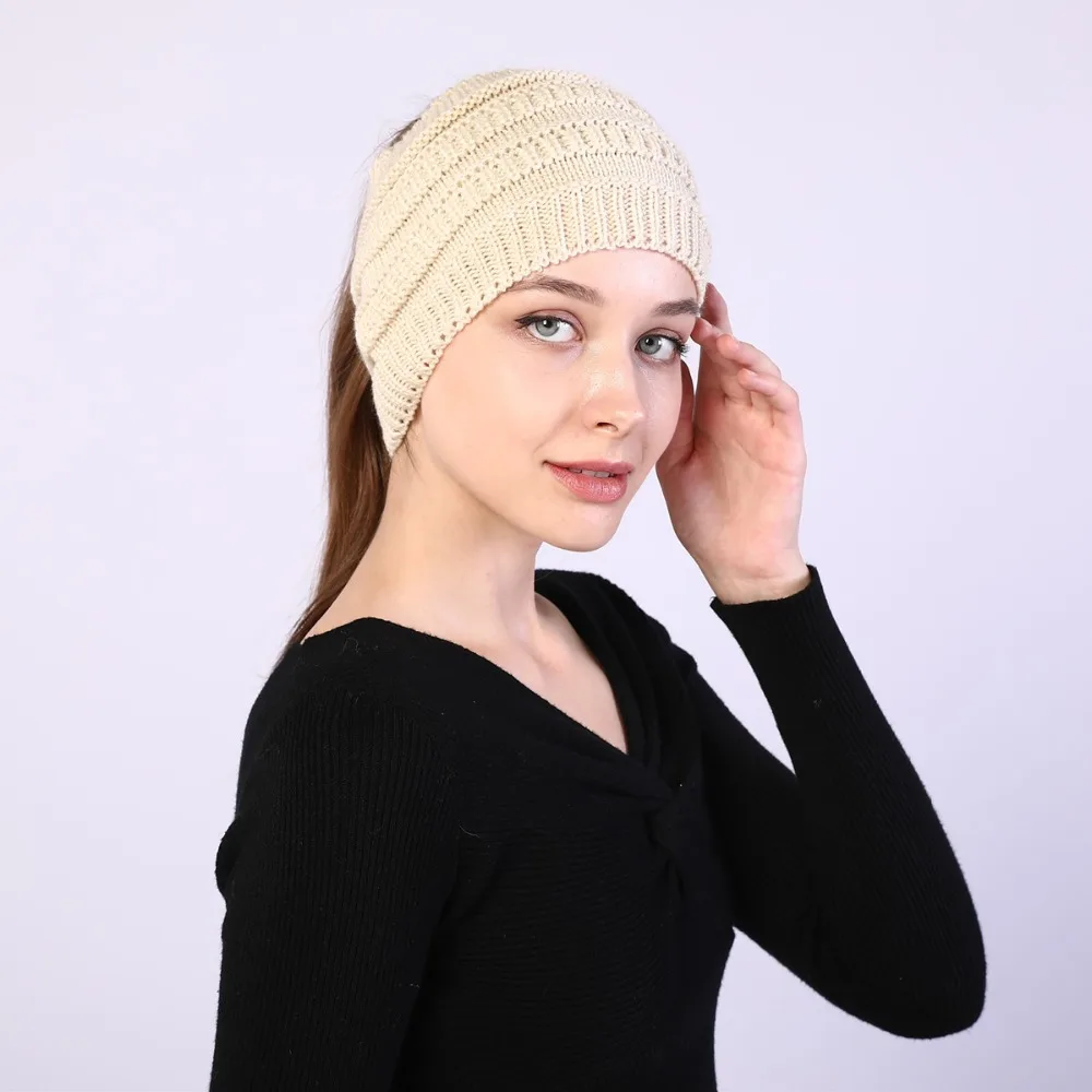 Women Hats Autumn Winter Ponytail Beanie Hat Warmer Solid