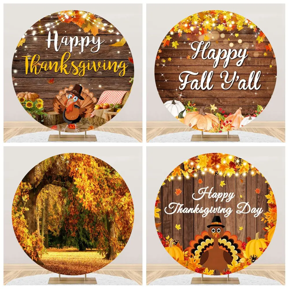 

Happy Thanksgiving Day Autumn Round Backdrop Cover Fall Scenery Maple Leaves Harvest Pumpkin Circle Photography Background Decor