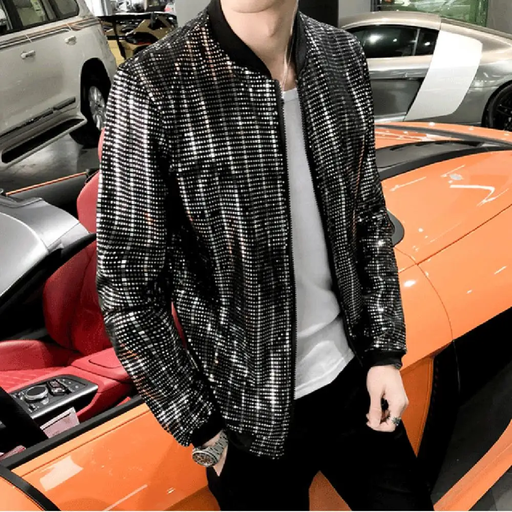 Men Shiny Sequins Long Sleeve Zip Pocket Nightclub Singer Jacket Slim Fit Coat Hip Hop Glitter Zipper Coat Stage Jacket Coats men s new singer stage style runway show dark casual shirt zipper splicing design slim men s large shirt