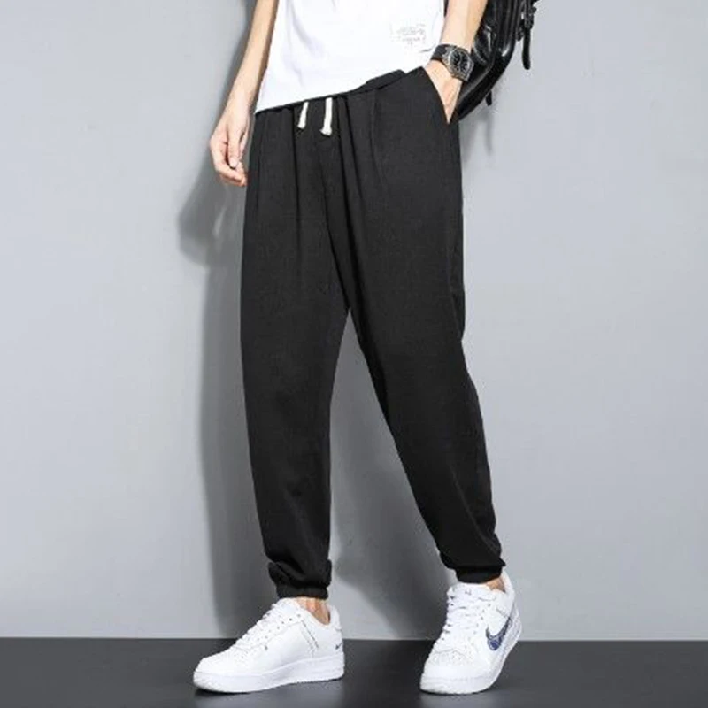 Autumn Winter Solid Color Cotton Linen Harem Jogger Pants Men Casual Loose Lightweight Male Sweatpants Streetwear Trousers
