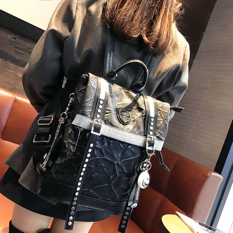 Double Shoulder Bag Women's Fold Rivet Sheepskin Large Capacity Backpack European American Retro Locomotive Fashion Schoolbag
