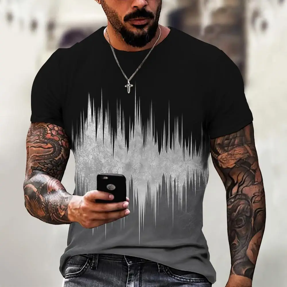

Retro Men's T-Shirt Striped Tshirt Ripple Print Tees Summer Short Sleeved Top Original Design Mens Clothing Oversized Streetwear