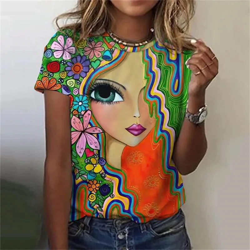 

Summer Fashion Top Women 3d Floral T-Shirts Girls Face Painting Harajuku Colorful Beautiful Short Sleeve Tees Oversized Clothing