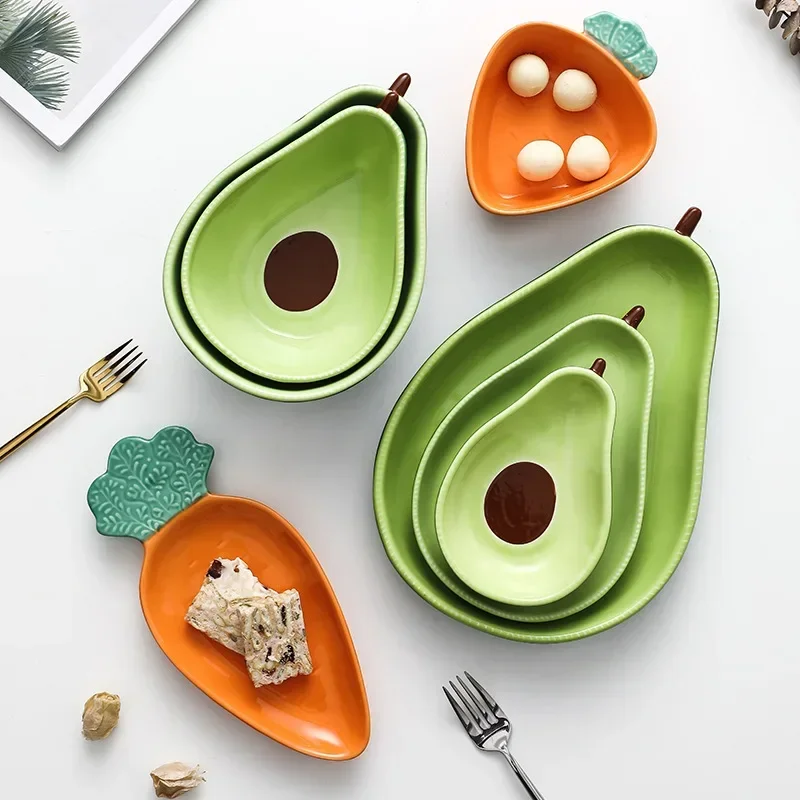 Dinnerware Sets Plate Cute Ceramic Tableware Household Dishs Snack Plate Avocado Bowl Salad Fruit Kids Training Tableware
