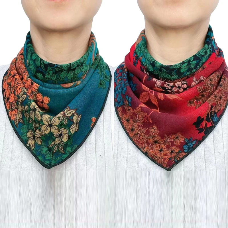 

Korean Floral Print Button Bib Protect Cervical Spine Triangle Headkerchief Summer Woman Fake Collar Neck Guard Silk Scarf