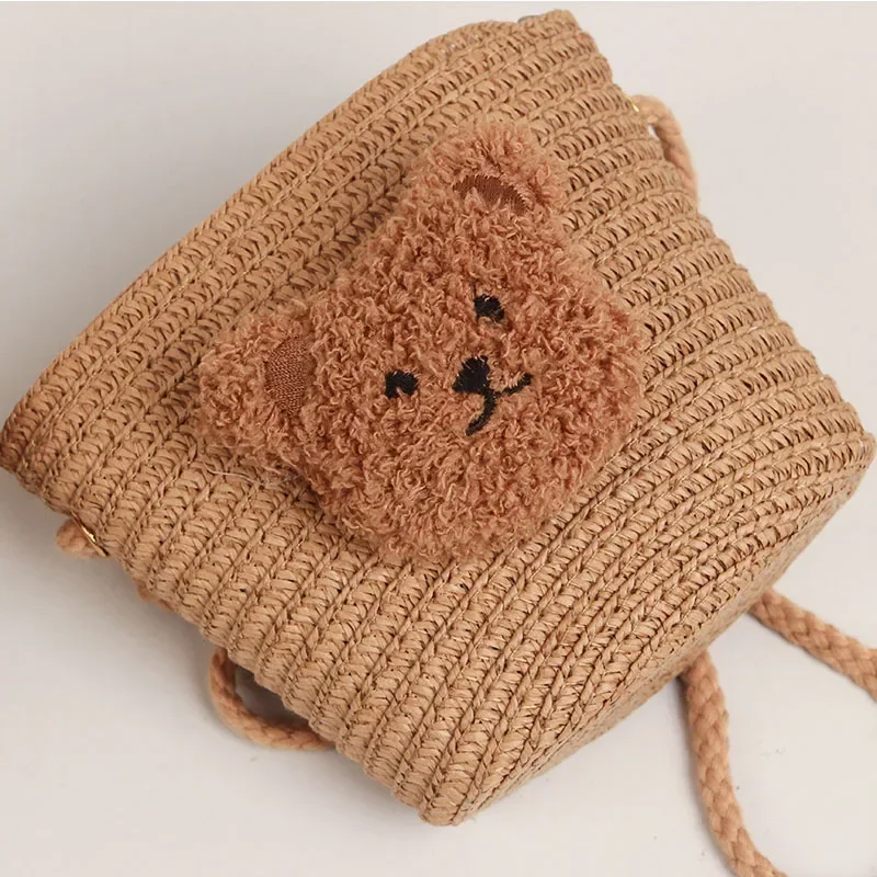 Cute Kids Shoulder Bag Summer Straw Woven Handmade Bags Mini Baby Girls Coin Purse Cartoon Bear Toddler Crossbody Bag 2