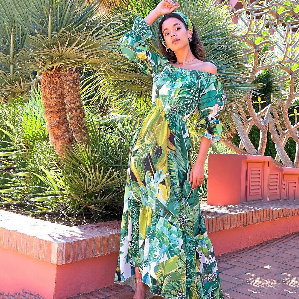 

2024 New Spring/Summer Women's Print One-Line Shoulder Shows Thin Temperament Commuter Long Dress