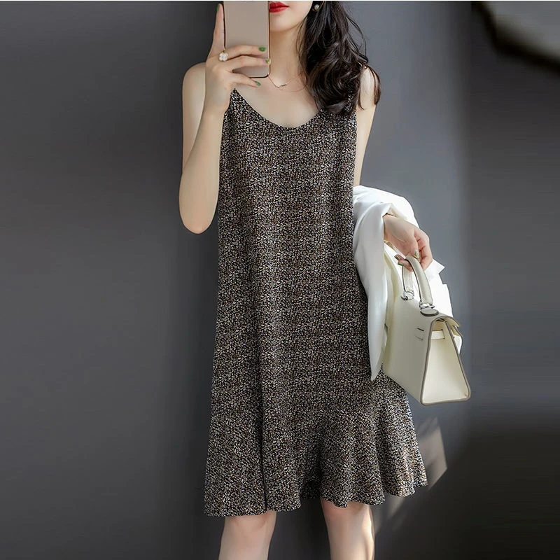 

Slip Dress Summer New Korean Version Look Slimmer Mid-length Style Sleeveless Floral Skirt Spaghetti Strap Dresses Female Tide