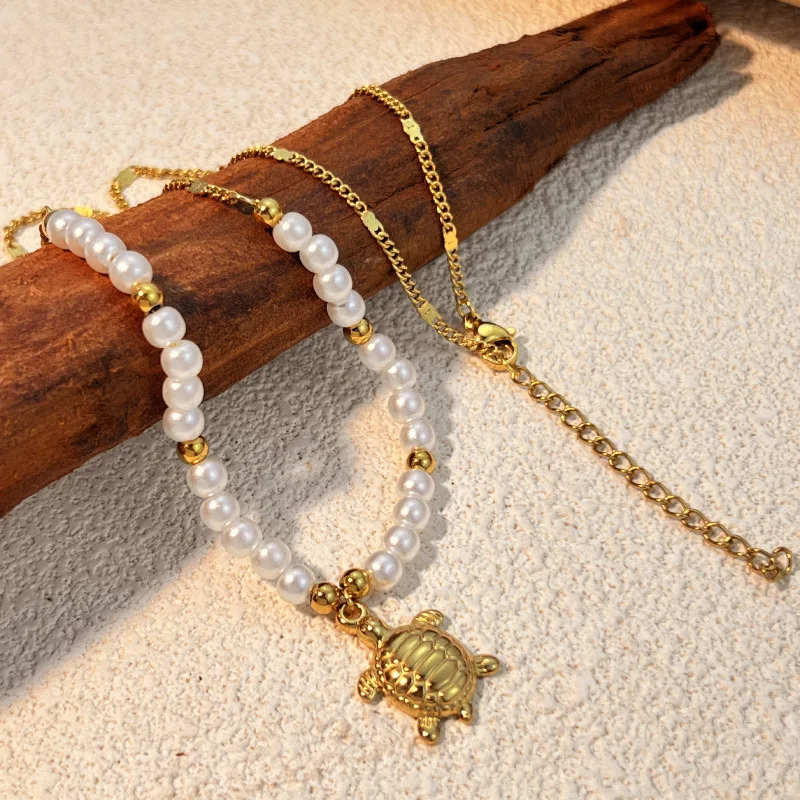 Handmade Weave Imitation Pearl Geometric Sun Shell Pendant Stainless Steel Necklace Mini Sea Turtle Short Choker Elegant Jewelry