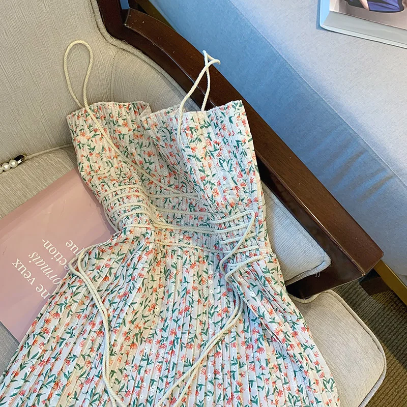 

Women's Sling Floral Mini Dress Summer Vintage Casual Slash Neck Sleeveless Flower Print Pleated Strap Dress Party Beach Wearing