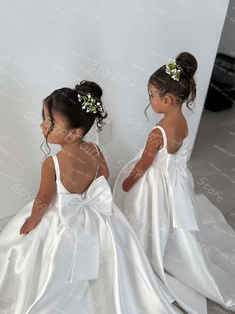 Ivory Flower Girl Dress With Bow Strap Mini Bridal Wedding Dress Kids Ball Gown 1st Communion Frock Customized Vestidos de Noiva 3