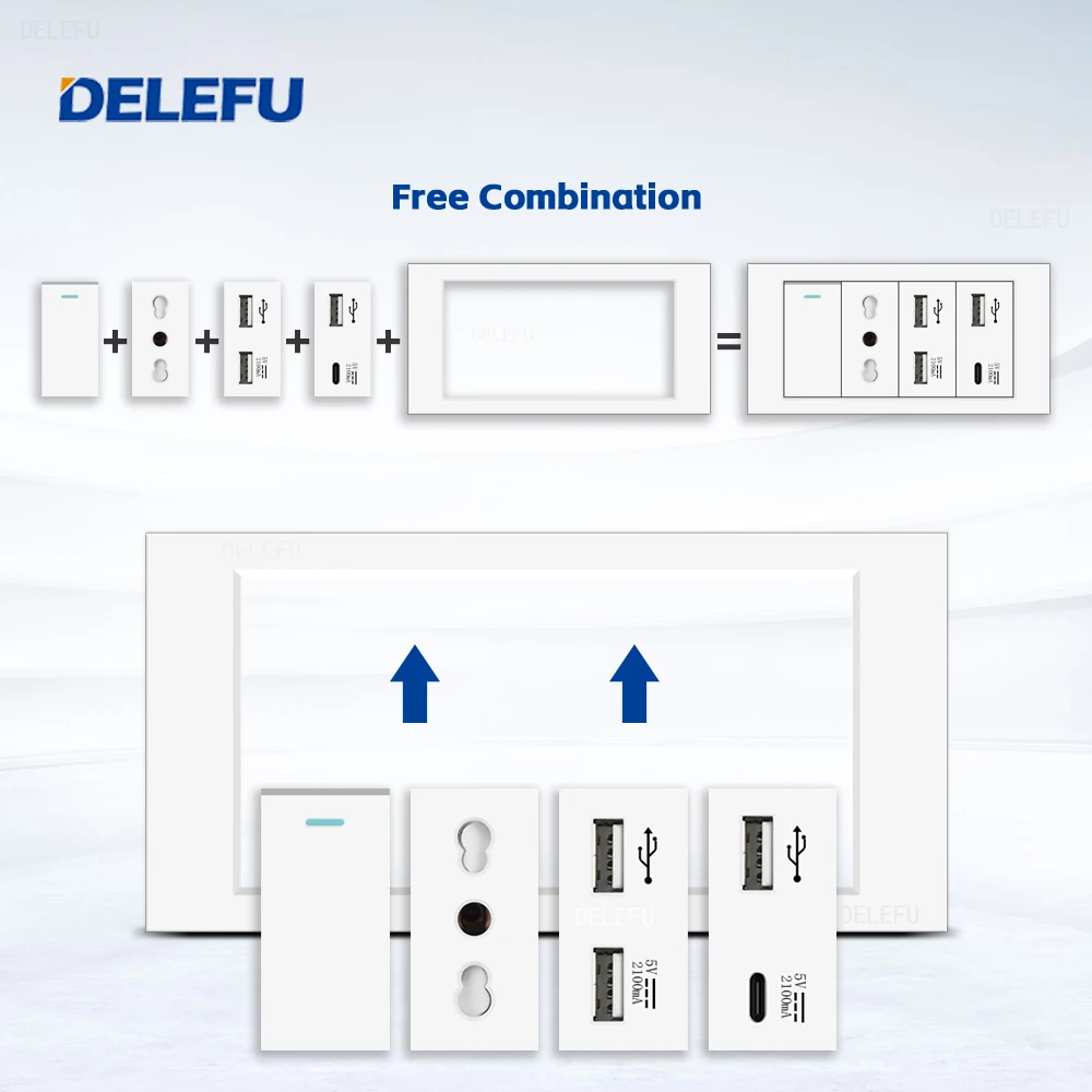 DELEFU Flame Retardant SC31 Panel 145mm White Italian Standard USB Type C Fast Charging Wall Socket Switch TV Phone CAT5 CAT6 — view 4