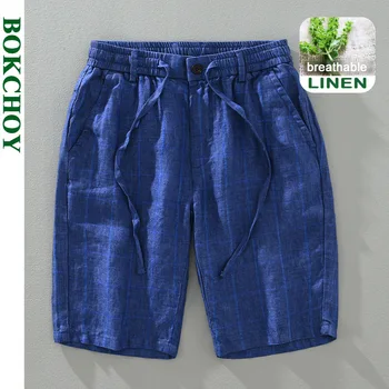 2025 Estate Nuovo Semplice Pantaloncini di Lino Puro Traspirante per Gli Uomini Abbigliamento Dritto Coulisse Pantaloni Estivi di Colore Solido EC1347 1