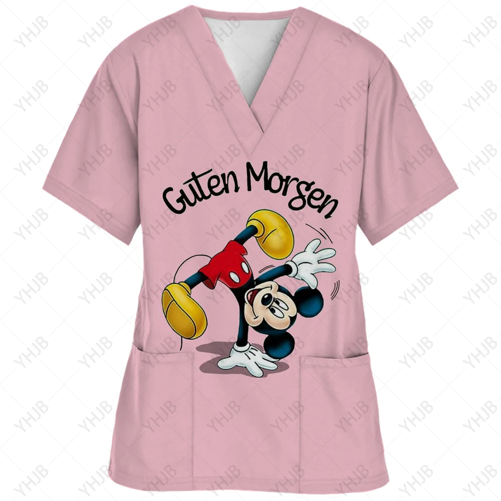 thumbnail image 1 of Uniforme de enfermera de verano con estampado de Mickey Mouse de Disney, ropa de trabajo para dentistas, salones de belleza y tiendas de mascotas, camisetas con cuello en V y bolsillos, 1 of 5