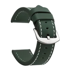 Vintage Leather Sport Watch Band with Stainless Steel Buckle - 20mm (Army Green Silver 2)