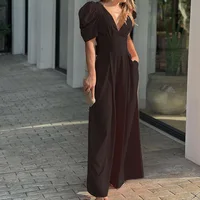 Casual Elegant Women's Summer Trendy Deep V-Neck Puff Sleeve Hollow Backless High Waist Jumpsuit Sexy Slim Pearl Button Belt - Image 2
