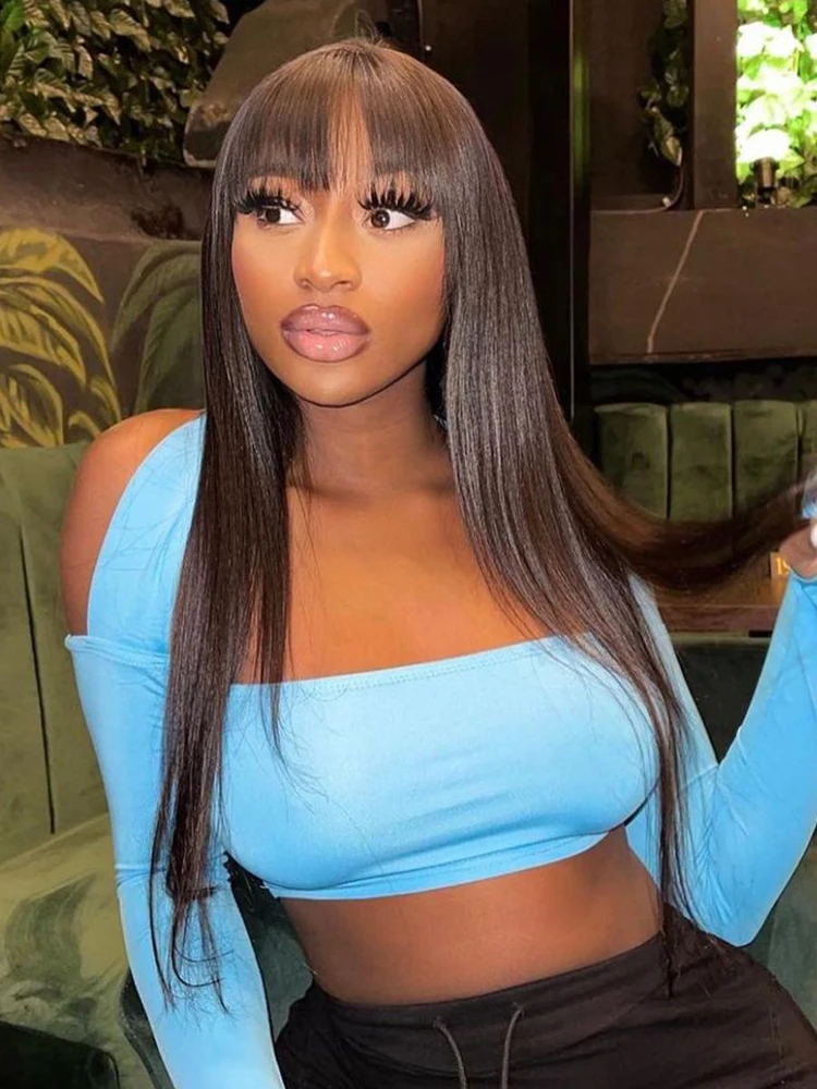 Straight Wig With Bangs Fringe Full Machine Made Bob Human Hair Wigs For Women Brazilian Remy Glueless Natural Black Fringe Wig
