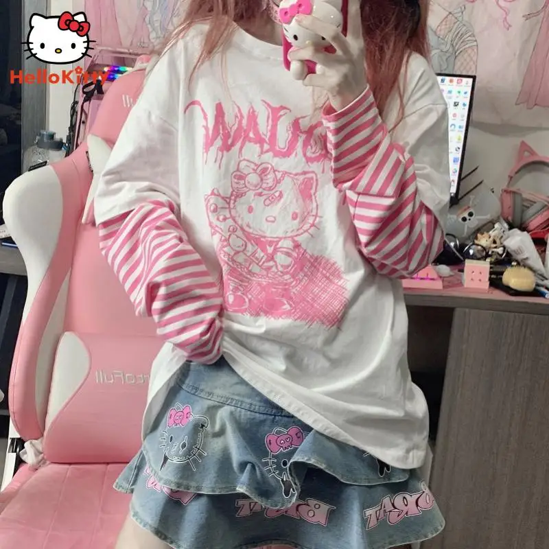 

Y2K Kawaii Girly Cartoon Anime Hellokitty Summer Pleated Jeans Skirt Sweet Princess Cupcake Mini Dress Students Denim Skirt Gift