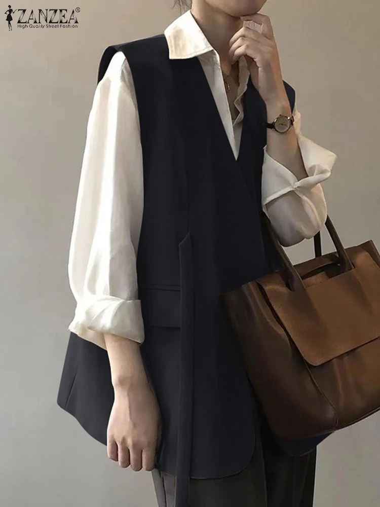 

ZANZEA Korean Style Work V-Neck Suit Coats Women Sleeveless Blazer Casual Oversize Vests Fashion 2024 Elegant Black OL Blazer