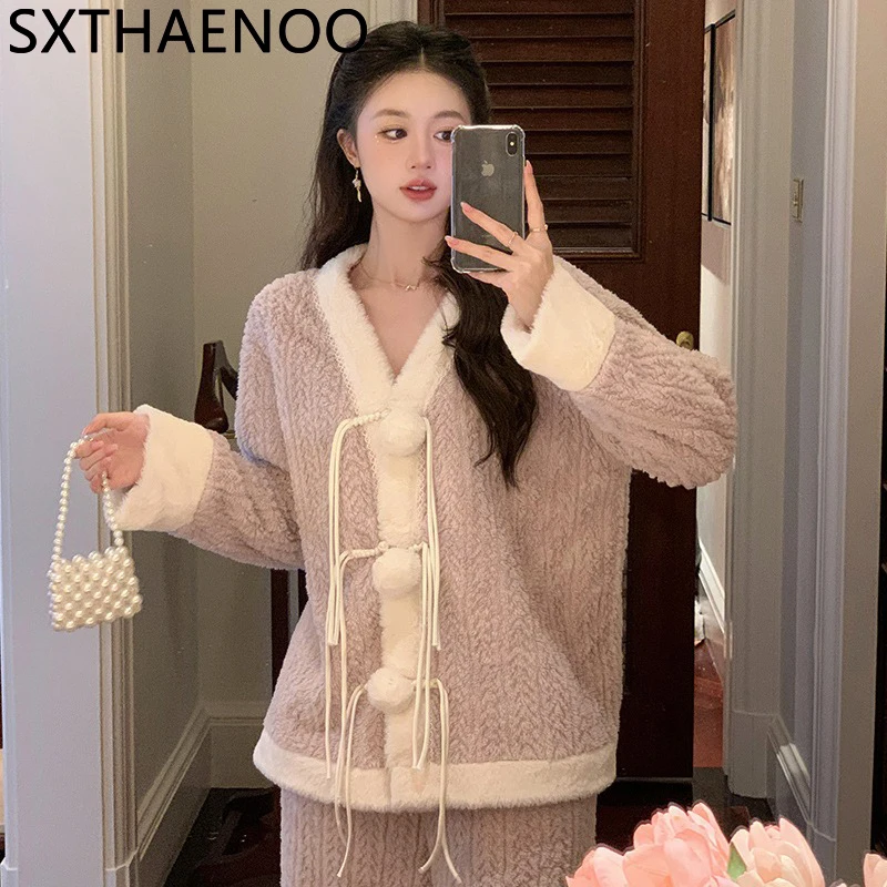 SXTHAENOO 2024 Women Casual Warm Sleepwear Home Suits Ladies Minimalism Thickened Flannel Sleep Wear New Winter Thick Pajamas