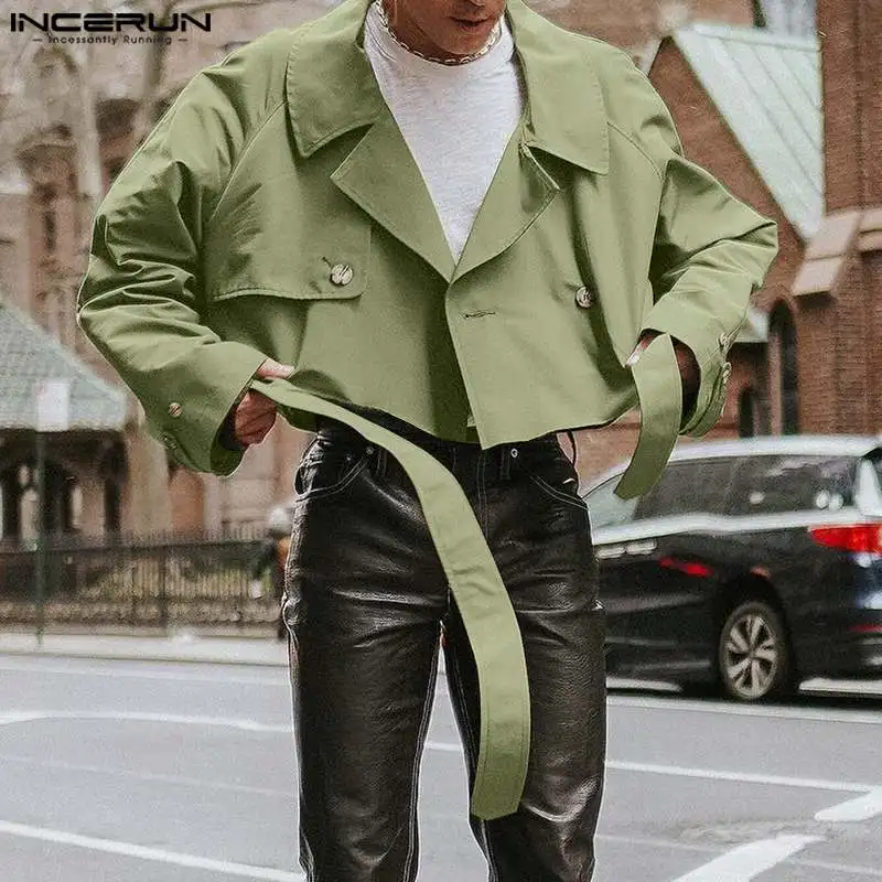 INCERUN Tops 2023 American Style New Men's Solid Cropped Tie Up Design Jacket Fashion All-match Lapel Trench Jacket Coats S-5XL incerun мужчины ретро готический широкий ноги брюки карманный случайный loose упругий waist bnadage длинные брюки