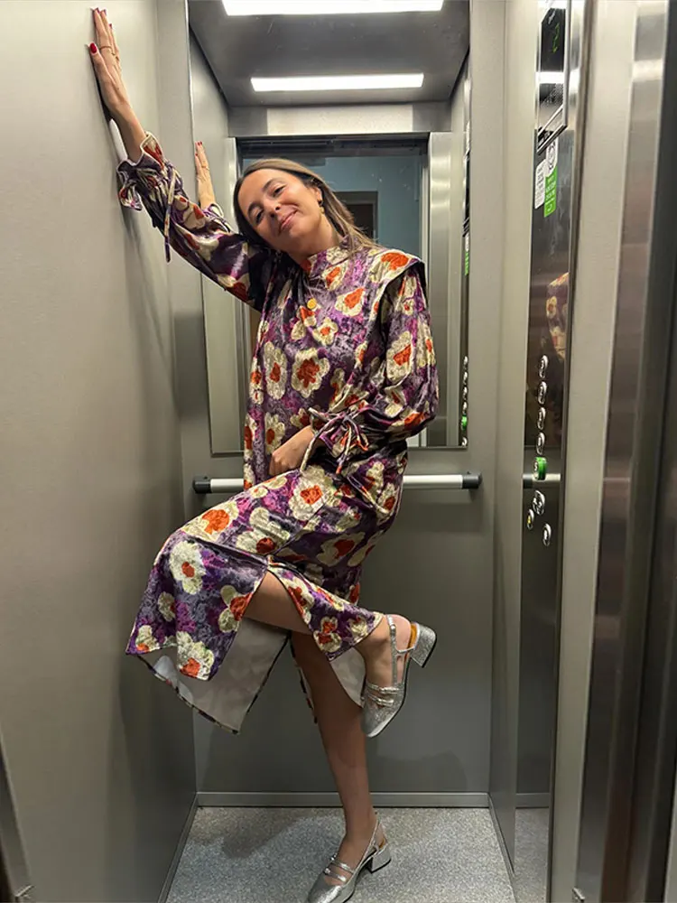 

Elegant Printed Long Sleeves Maxi Dress for Women Fashion O Neck High Waist Slim Dresses 2024 New High Street Ladies Vestidos