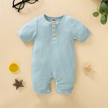

0-24 Months Summer Newborn Baby Boy Girl Solid Color Short Sleeve Romper Casual Soft Round Neck Snap Crotch Toddler Bodysuits