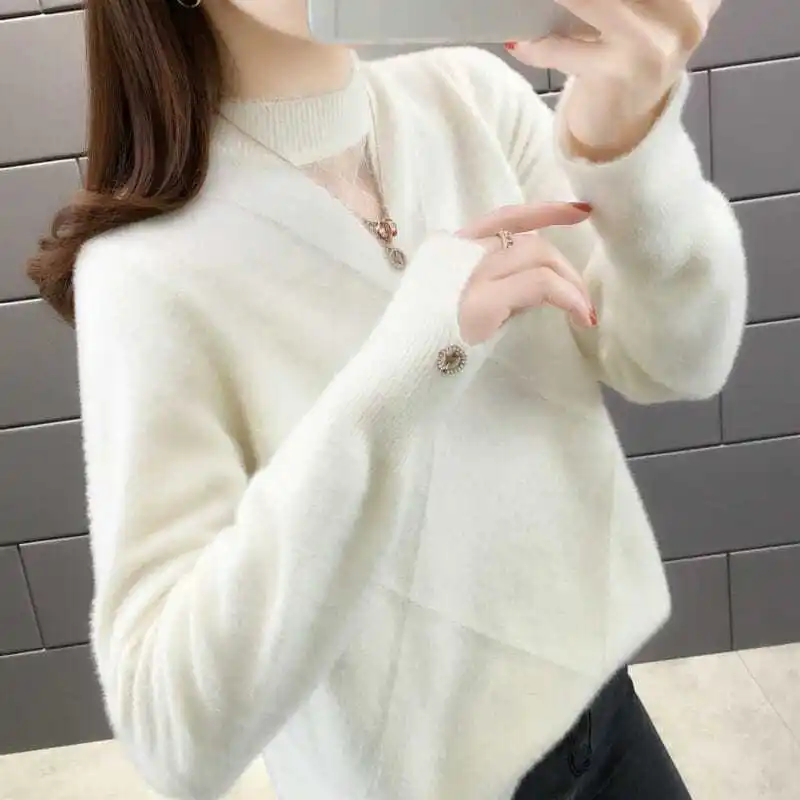 

Mink cashmere sweater women's new semi-high-necked knitted lace bottoming shirt with ins top inside.