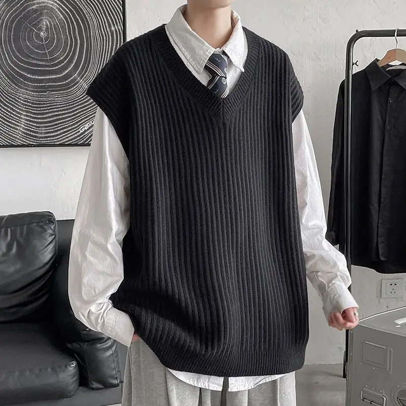 Sweater Vests Men 5XL Korean Preppy Style Knitted Sleeveless V-neck Solid Streetwear Youthful Vitality Simple All-match Tops