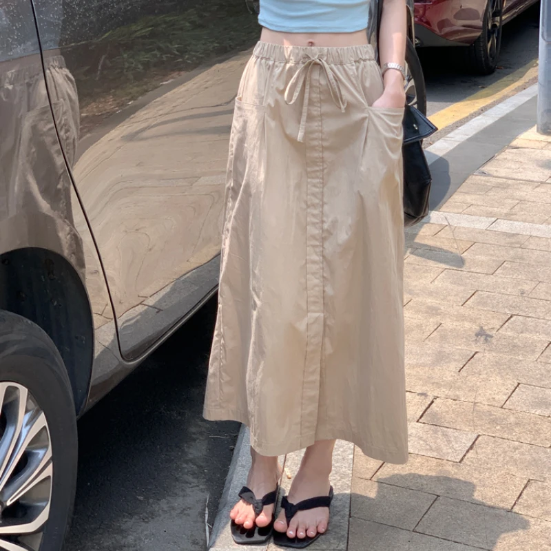 Deeptown Cargo Skirt Vintage Solid Fashion Casual Streetwear Midi Skirts Harajuku Y2k Retro All-match Summer A-line Slit Skirt