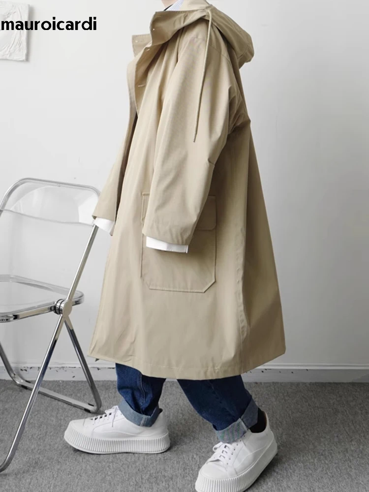 Mauroicardi Spring Autumn Long Black Khaki Oversized Trench Coat Men with Hood Pockets Loose Casual Windproof Windbreaker