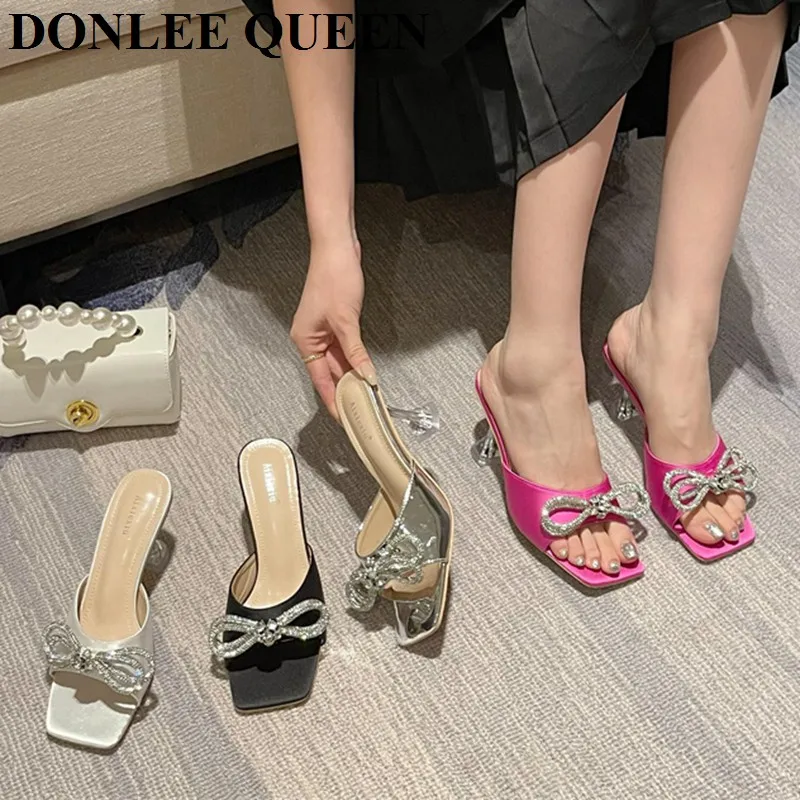 

New Rhinestone Butterfly Knot Slippers Fine Heel Sandal Women Crystal Fairy Pink Blue Bow Diamond High Heel Mule Shoes For Party