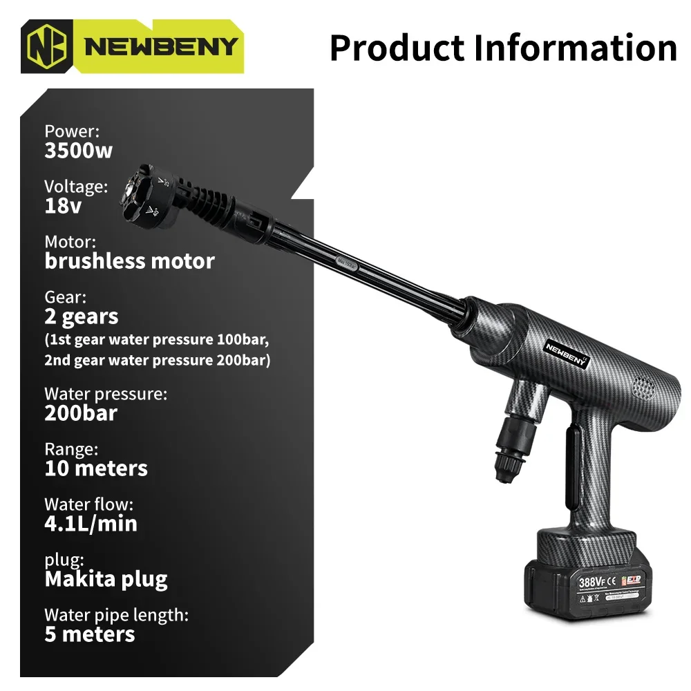 NEWBENY 200Bar 6 IN 1 Brushless High Pressure Car Washer Gun 2 Gears  Garden Cleaning Irrigation Tool For Makita 18V-21V Battery 2