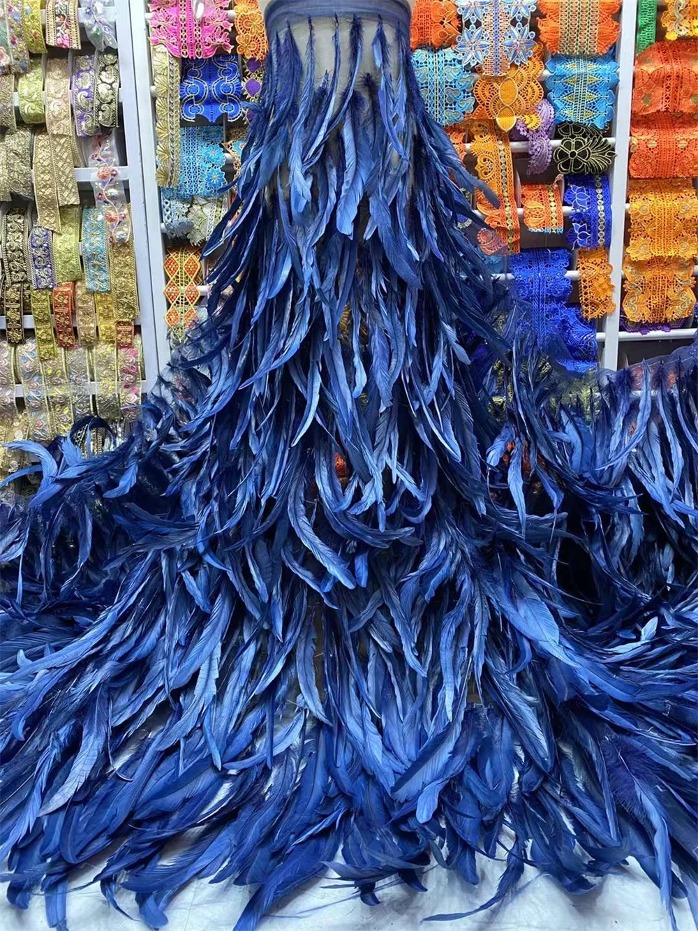 

Royal Blue African Lace Fabric Latest Luxury Elegant African Feather Lace Fabric Embroidery Nigerian Tulle For Wedding Dre A39-3