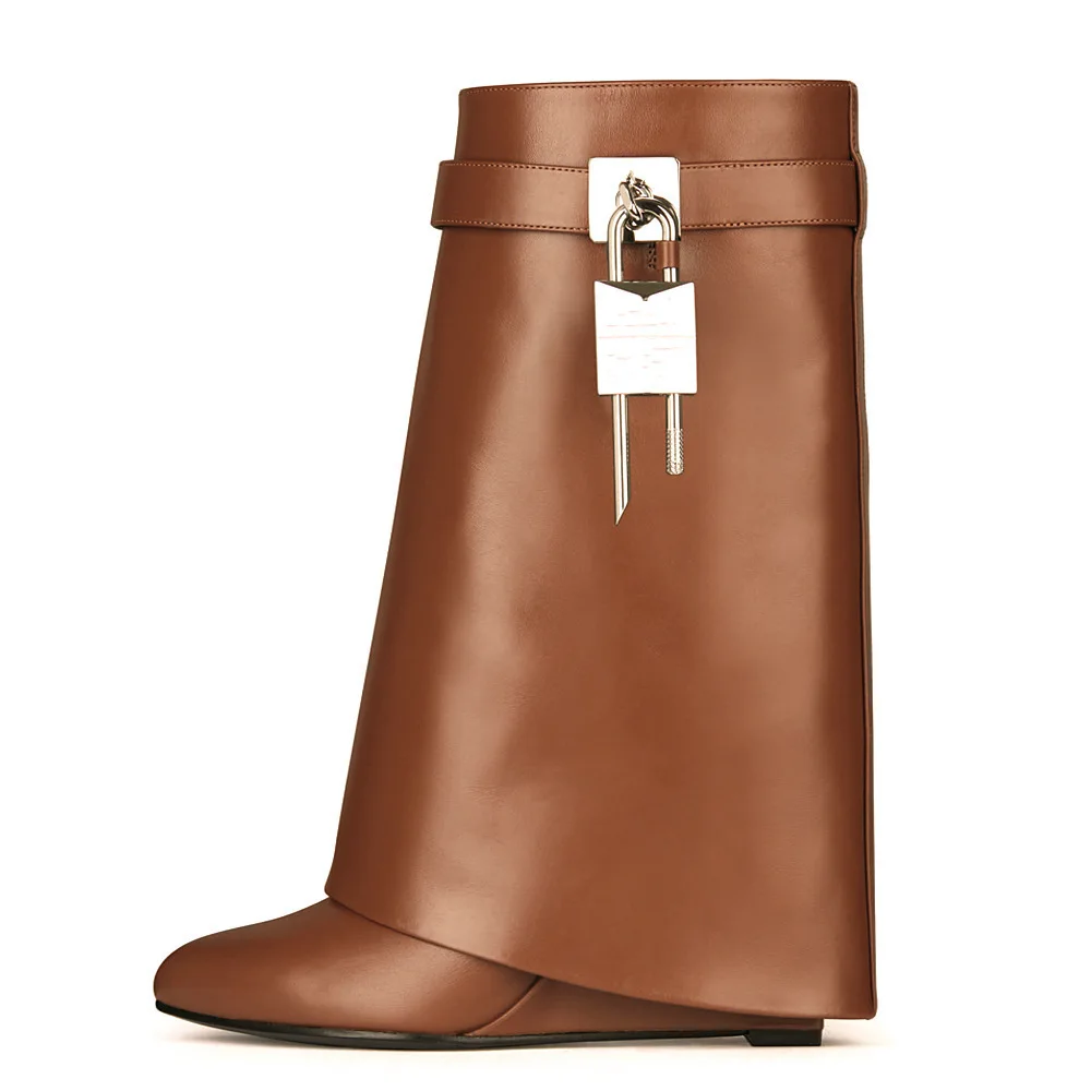 Women Boots Round Toe Slope Heel Big Barrel Winter shoes New Leather Large Size Locking Skirt Boots Cowhide Knee Length Boots