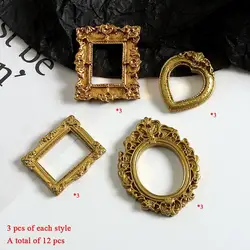 Set of 12 Miniature European Retro Picture Frames - Exquisite Dollhouse Ornaments and Decorative Props (Golden)