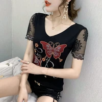 Haut de gamme mode d'été vêtements coréens T-shirt Chic papillon diamants maille haut pour femme Sexy creux à manches courtes tout Match t-shirts 4