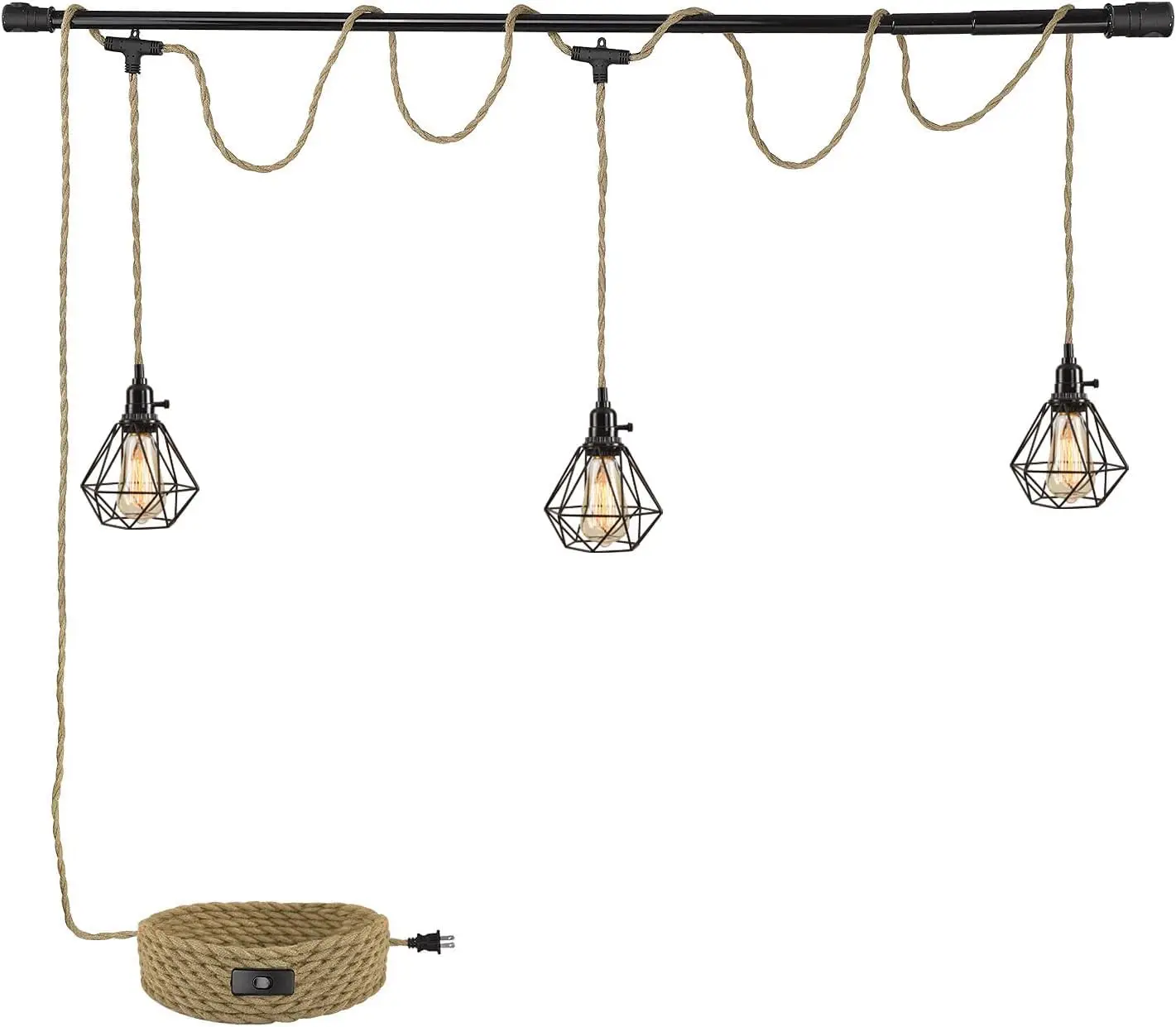 

3-Light Hanging Light with Plug in Cord,Pendant Light 22ft Hemp Rope Pendant Lighting Vintage Metal Cage Hang Lamp Base Fixtures