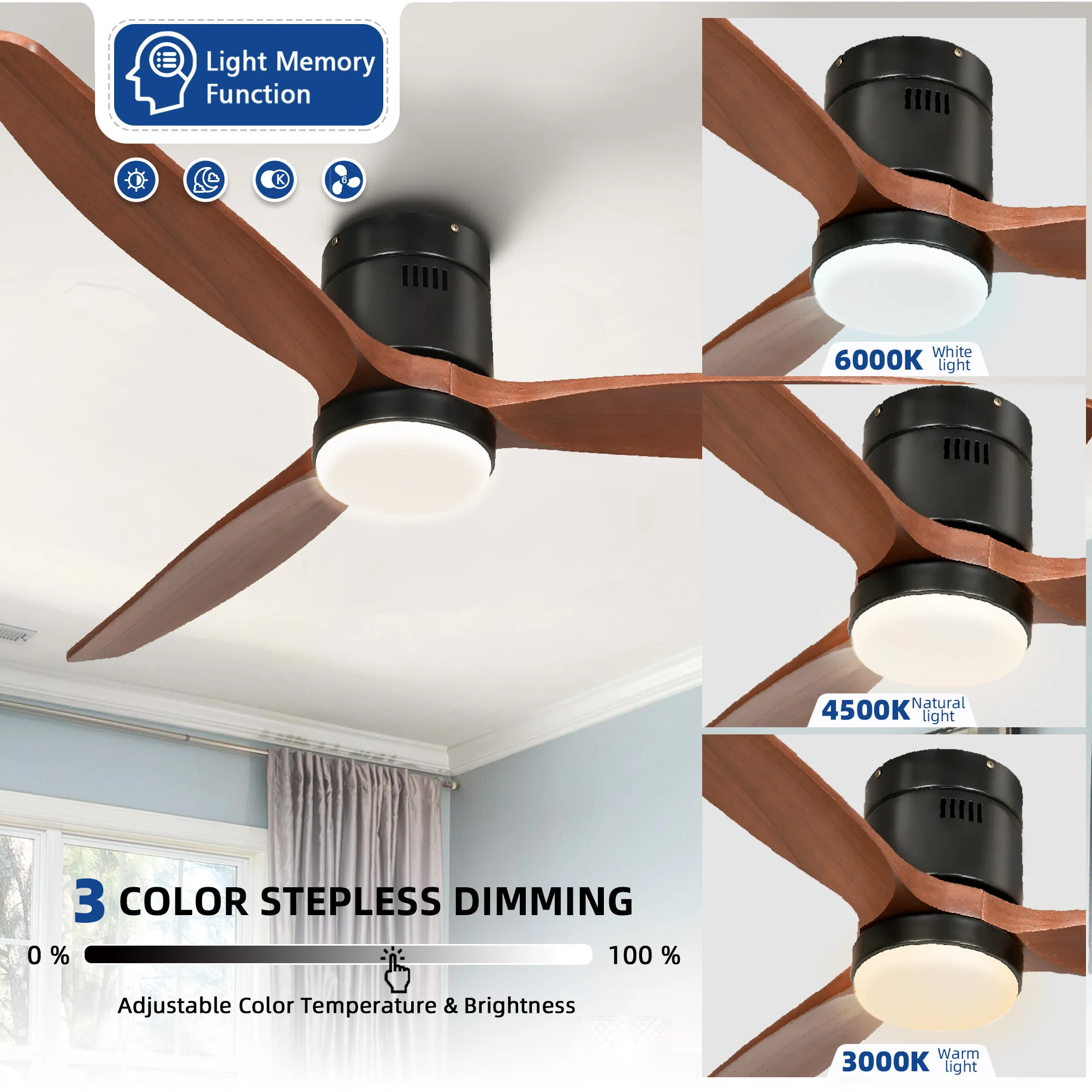 52 Inch Low Profile Ceiling Fan with Light and Remote 3 Blades Smart Ceiling Fan