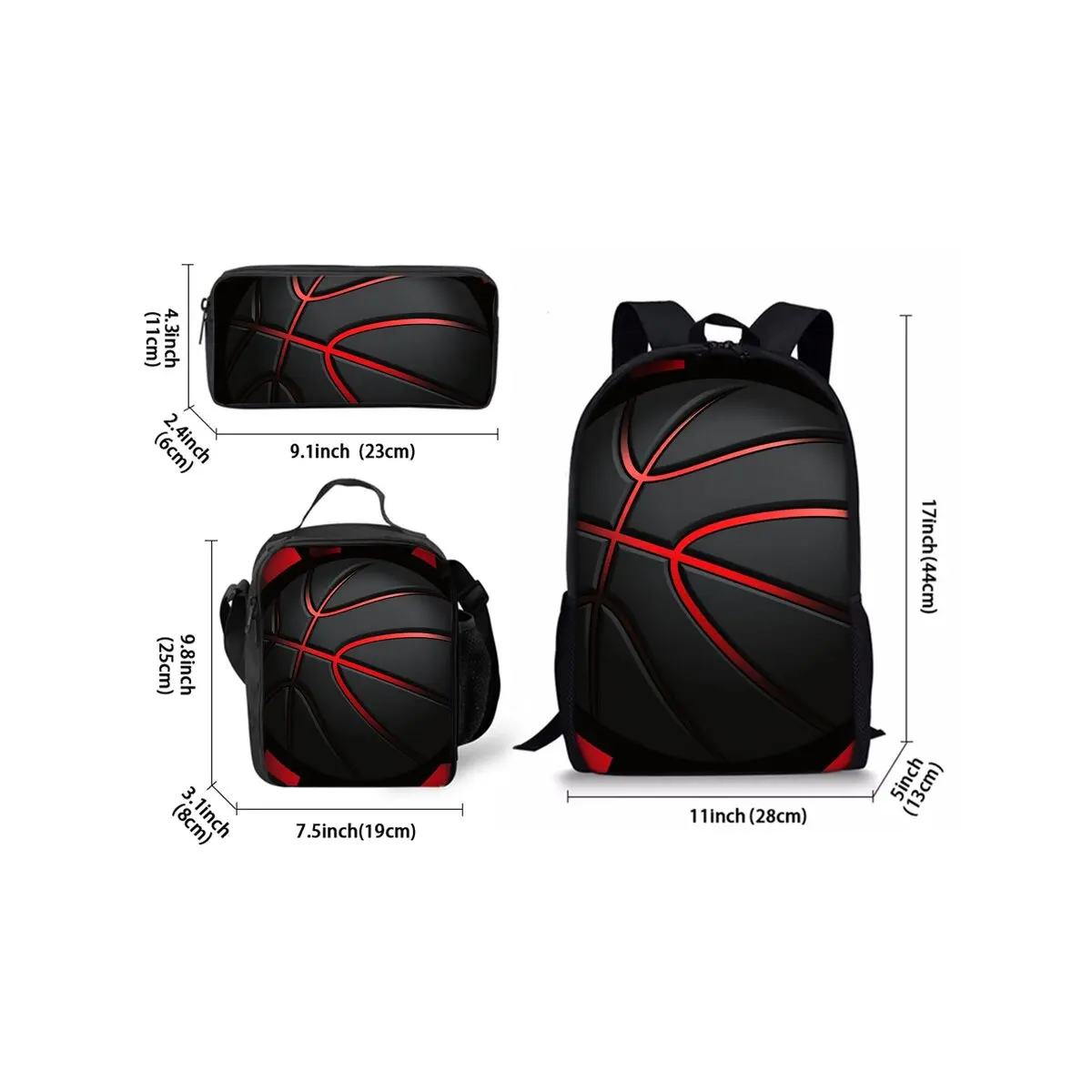 Basketball Print Three Piece Backpacks Set for Boy and Girls Best Gifts 2D Flat Cartoon School Bag for Children - 2