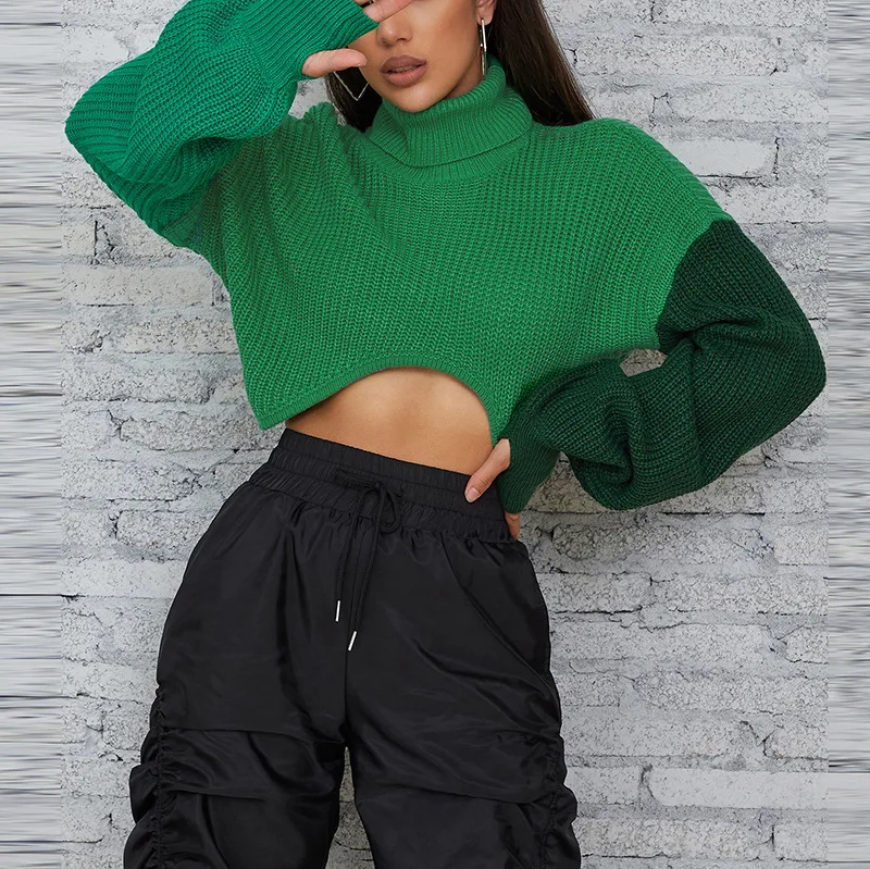 

Block Turtleneck 2023 Winter Women Y2K Streetwear Crop Pullover Sweater Color Party Long Sleeve Knitted Sexy Oversized